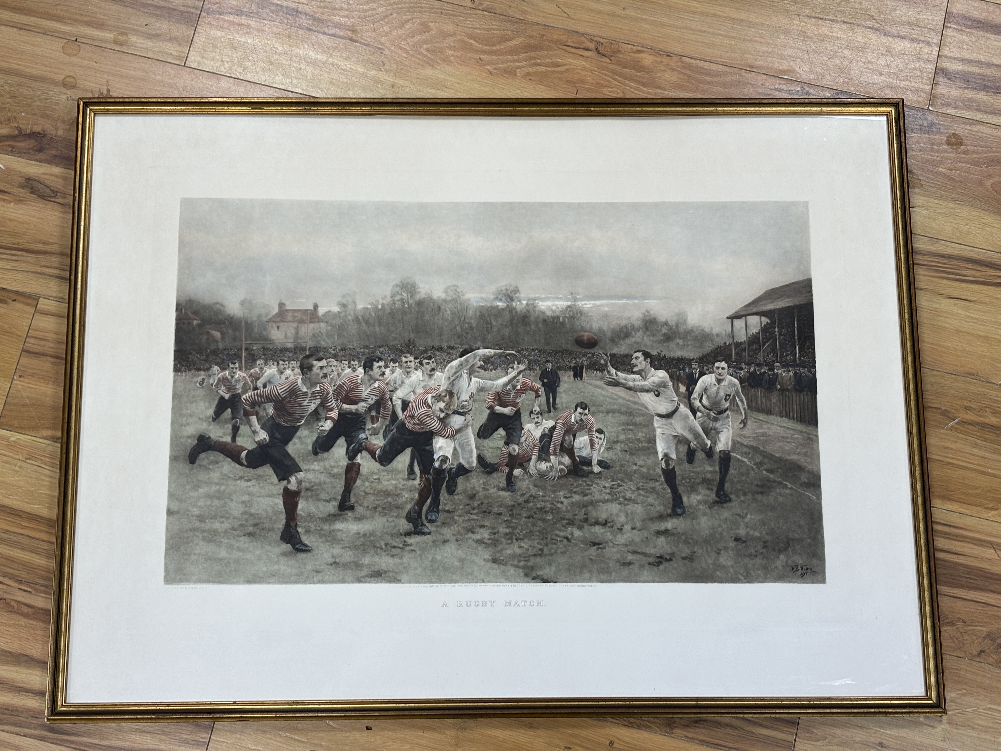After William Barnes Wollen RI ROI (1857-1936), colour lithograph, ‘A Rugby Match’, publ. by Mawson, Swan & Morgan, 67 x 93cm